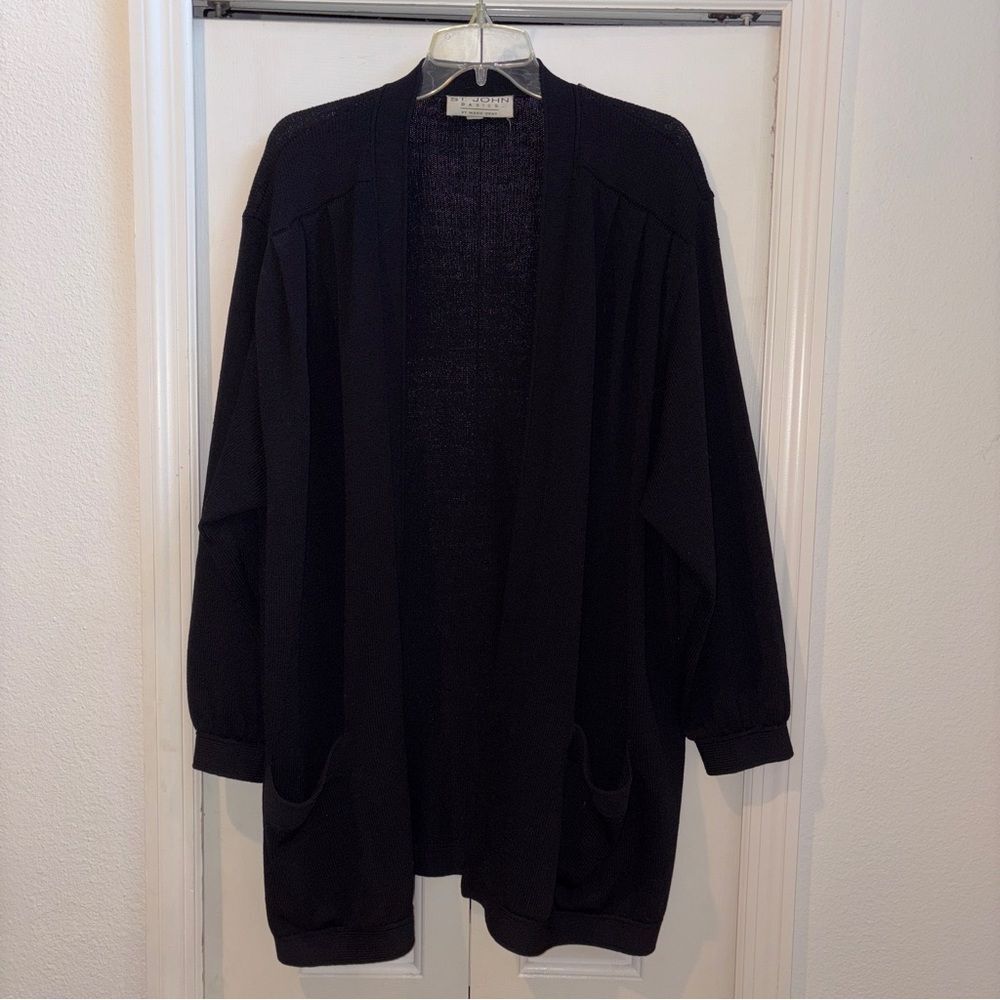 St. John Basics by Marie Gray Long Black Open Front Cardigan Pockets